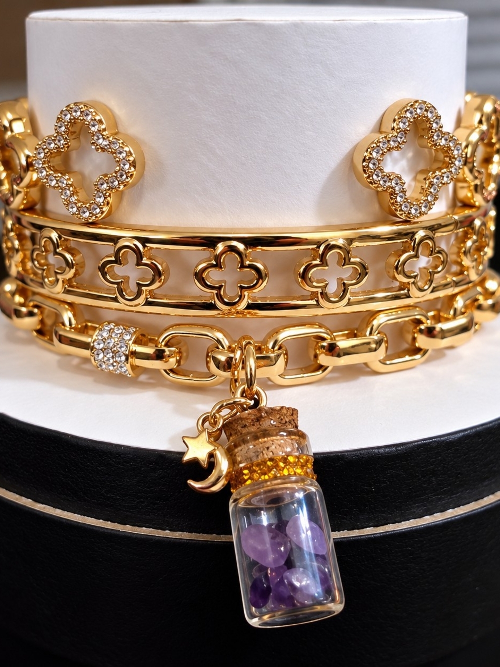 Gold-Tone Amethyst Charm Bracelet Stack